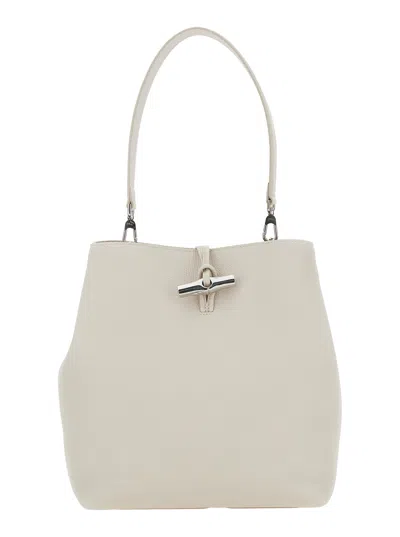 LONGCHAMP LE ROSEAU WHITE SHOULDER BAG WITH T-BAR CLOSURE IN HAMMERED LEATHER WOMAN