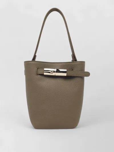 Longchamp Structured Green Leather Bag With Bamboo Buckle And Adjustable Straps In Brown