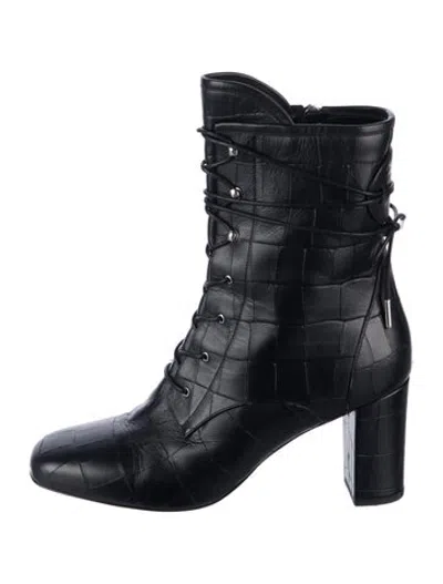 Pre-owned Longchamp Leather Animal Print Lace-up Boots In Black