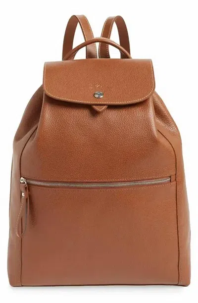 Longchamp Leather Backpack With Zipper Pocket In Caramel In Brown