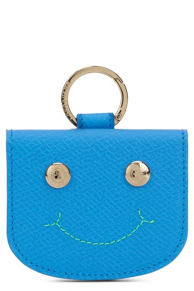 Longchamp Leather Card Holder With Metal Ring In Light Blue