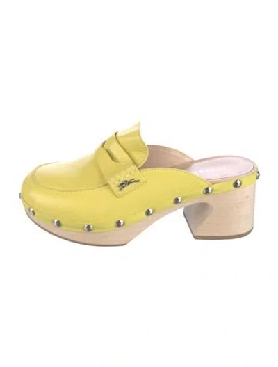 Pre-owned Longchamp Leather Studded Accents Mules In Green