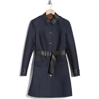 Longchamp Leather Trim Denim Coat In Blue