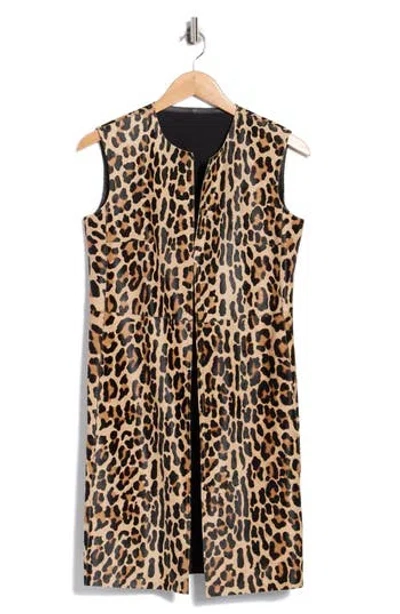 Longchamp Leopard Print Genuine Calf Hair Sleeveless Jacket In Camel