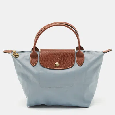 Pre-owned Longchamp Light Blue/brown Nylon Small Short Le Pliage Tote
