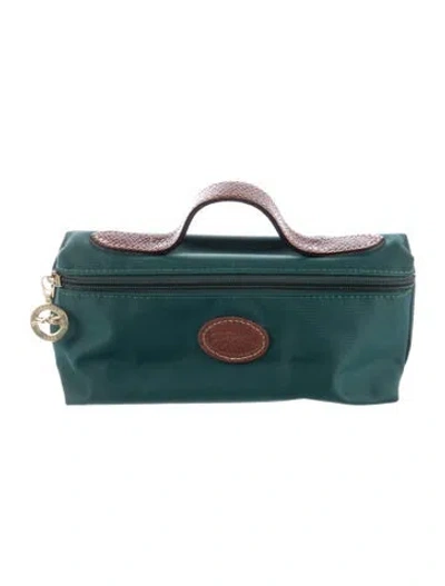 Pre-owned Longchamp Logo Embroidered Leather Handle Cosmetic Bag. In Green