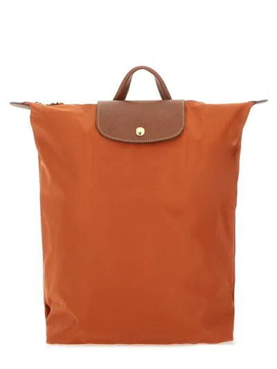Longchamp Leather Trim Top Handle Adjustable Shoulder Straps Backpack In Orange