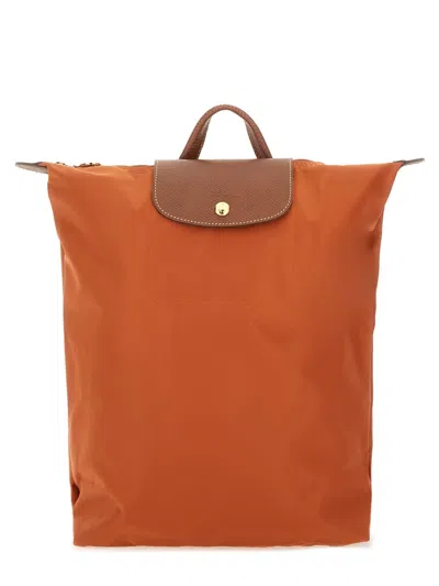 Longchamp Leather Trim Top Handle Adjustable Shoulder Straps Backpack In Orange
