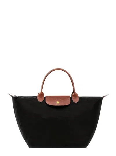 Longchamp M Le Pliage Original Black Shoulder Bag With Embossed Logo In Canvas Woman