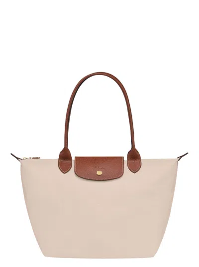 Longchamp M Le Pliage Original White Shoulder Bag With Embossed Logo In Canvas Woman In Beige