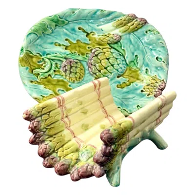 Pre-owned Longchamp Majolica Asparagus Server With Drip Plate, Late 19th Century In Green