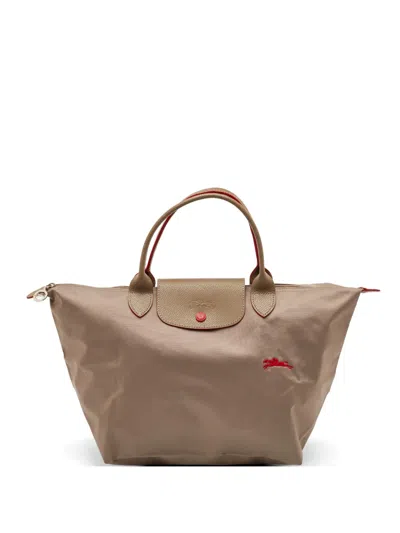 Pre-owned Longchamp Medium Le Pliage Leather-trim Tote Bag In Neutral