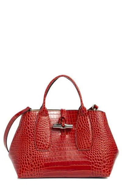 Longchamp Medium Roseau Croc Embossed Tote In Orange