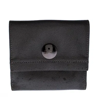 Longchamp Metallic Grey Leather Flap Button Compact Wallet In Black