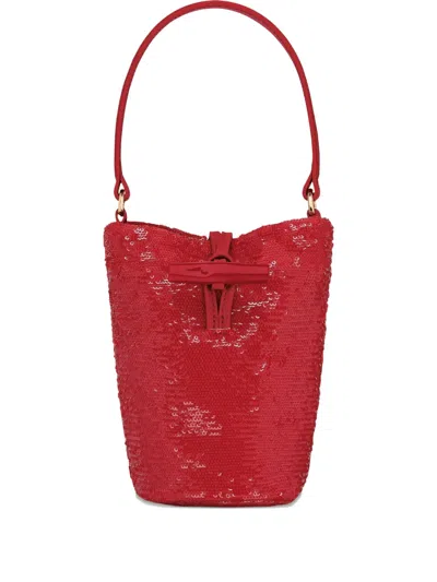 Longchamp Mini Le Roseau Sequin-embellished Bucket Bag In Red