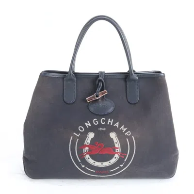 Pre-owned Longchamp Navy Leather Canvas Shoulder Bag Tote Bag () In Blue