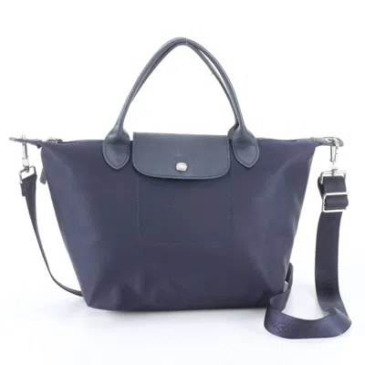 Pre-owned Longchamp Navy Leather Nylon Handbag Shoulder Bag Tote Bag ()
