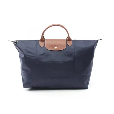 Longchamp Navy Nylon Leather Tote Bag In Brown, Navy