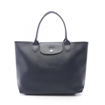 Pre-owned Longchamp Navy Pvc Coated Canvas Leather Tote Bag () In Blue