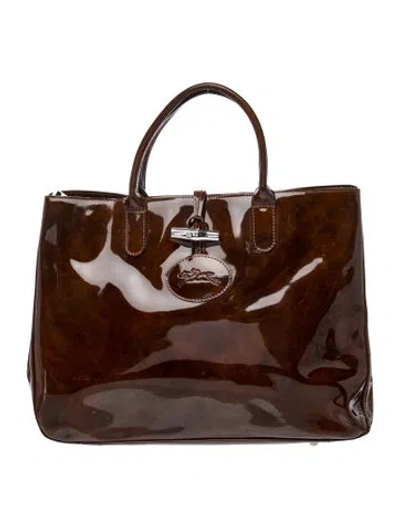 Pre-owned Longchamp Patent Leather Top Handle Bag In Brown