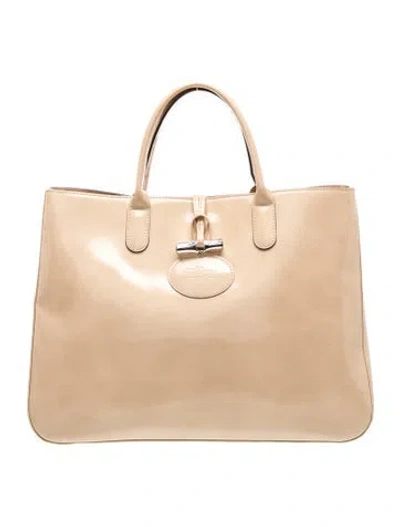 Pre-owned Longchamp Patent Leather Top Handle Bag In Neutrals