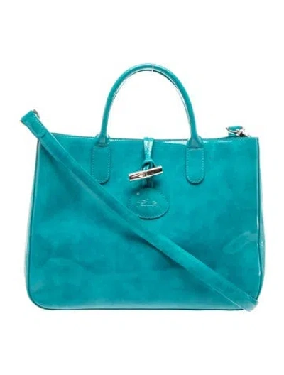 Pre-owned Longchamp Patent Leather Tote In Blue