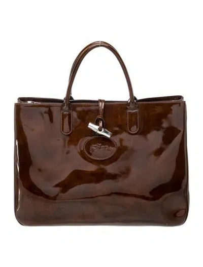 Pre-owned Longchamp Patent Leather Tote In Brown