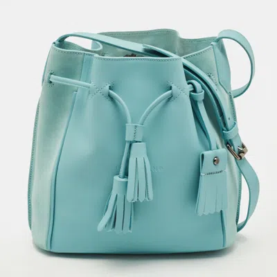 Pre-owned Longchamp Penelope Light Blue Leather And Suede Bucket Bag