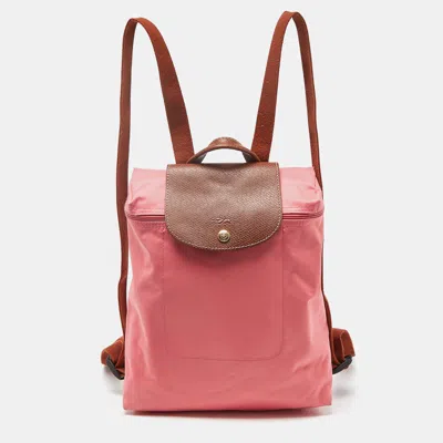 Pre-owned Longchamp Pink/brown Nylon And Leather Le Pliage Backpack