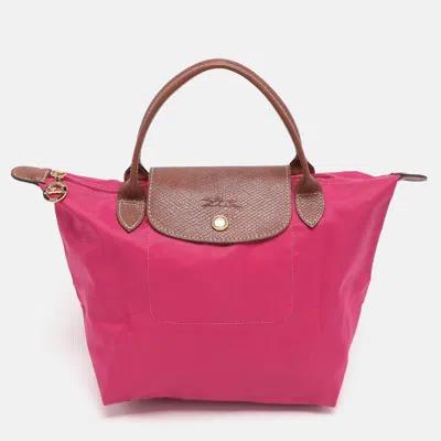 Pre-owned Longchamp Pink/brown Nylon And Leather Small Short Le Pliage Tote