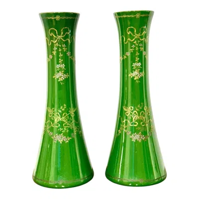 Pre-owned Longchamp Rare Impressive Pair Of Green Faience Vases By , France, 1876