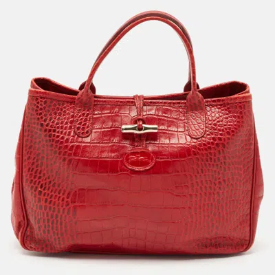 Pre-owned Longchamp Red Croc Embossed Leather Roseau Tote