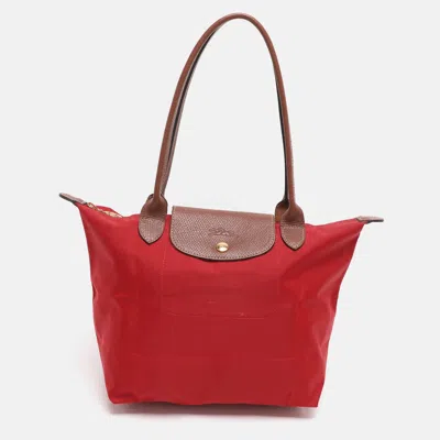 Pre-owned Longchamp Red/brown Nylon Small Le Pliage Tote