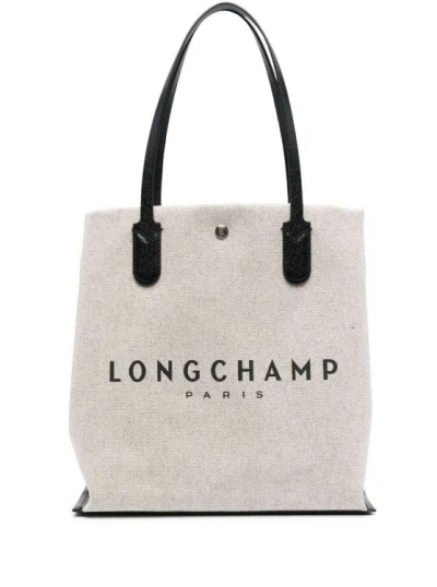 Longchamp Roseau' Beige Tote Bag With Logo Print In Cotton Canvas In Grey