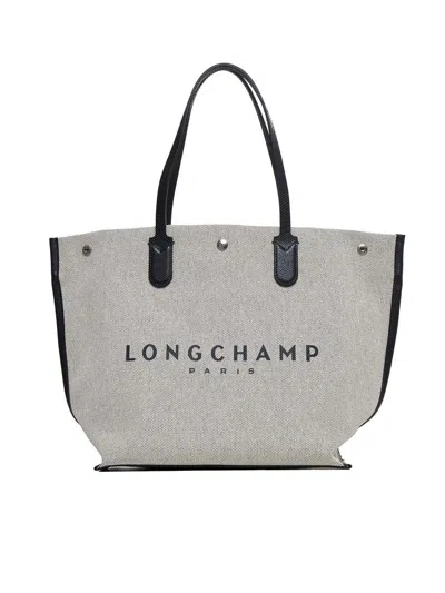 Longchamp 'roseau' Beige Tote Bag With Logo Print In Cotton Canvas Woman