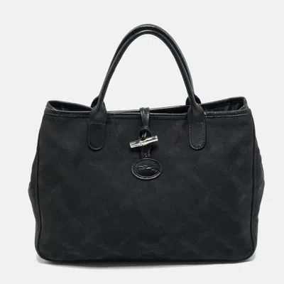 Longchamp Roseau Black Canvas And Leather Totes Bag