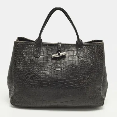 Pre-owned Longchamp Roseau Black Croc Embossed Leather Tote