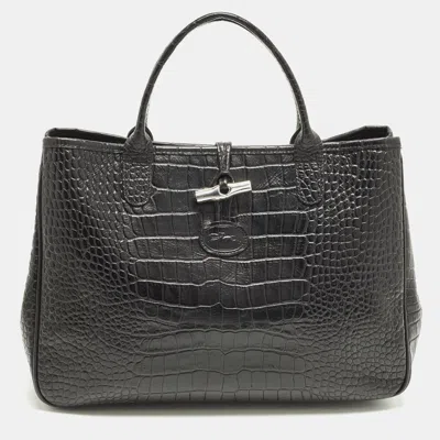 Pre-owned Longchamp Roseau Black Croc Embossed Leather Tote