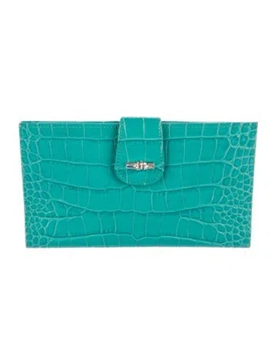 Pre-owned Longchamp Roseau Croc Embossed Teal Leather Patent Leather Continental Wallet In Blue