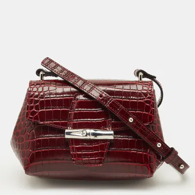 Pre-owned Longchamp Roseau Mini Burgundy Croc Embossed Leather Crossbody Bag