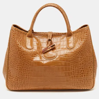 Pre-owned Longchamp Roseau Tan Croc Embossed Leather Tote In Brown