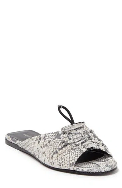 Longchamp Ruched Snake Print Leather Flat Sandal In Black/white