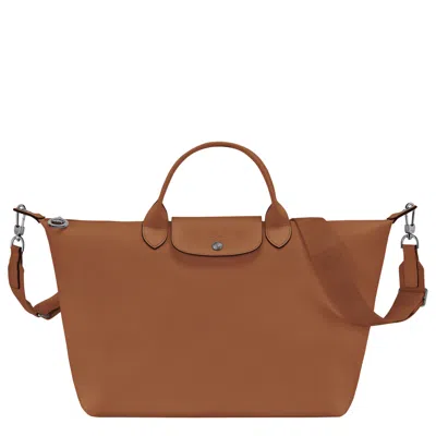 Longchamp 'le Pliage Xtra S' Brown Crossbody Bag With Engraved Logo In Leather Woman In Cognac