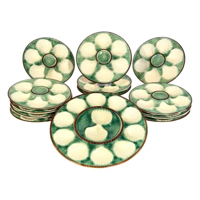 Pre-owned Longchamp Set Of 12 Majolica Oyster Plates With Matching Server, 19th Century In Sand