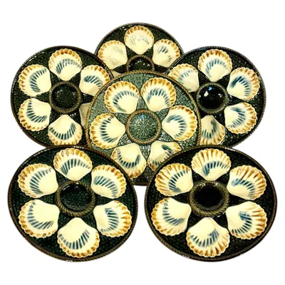 Pre-owned Longchamp Set Of Six  Majolica Oyster Plates, France Circa 1890 In Sand