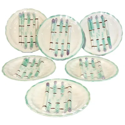 Pre-owned Longchamp Set Of Six  Terre De Fer Majolica Asparagus Plates In Sand