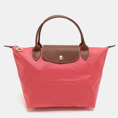 Pre-owned Longchamp Short Le Pliage Small Pink Nylon And Leather Tote