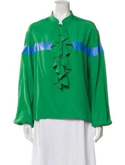 Pre-owned Longchamp Silk Colorblock Pattern Blouse In Green