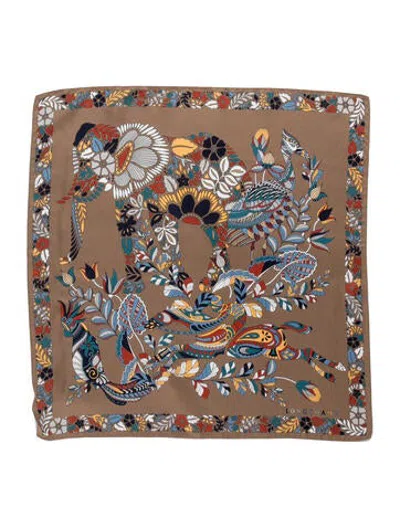 Pre-owned Longchamp Silk Floral Print Scarf In Brown