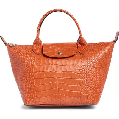 Longchamp Small Le Pliage Croc Embossed Tote In Orange